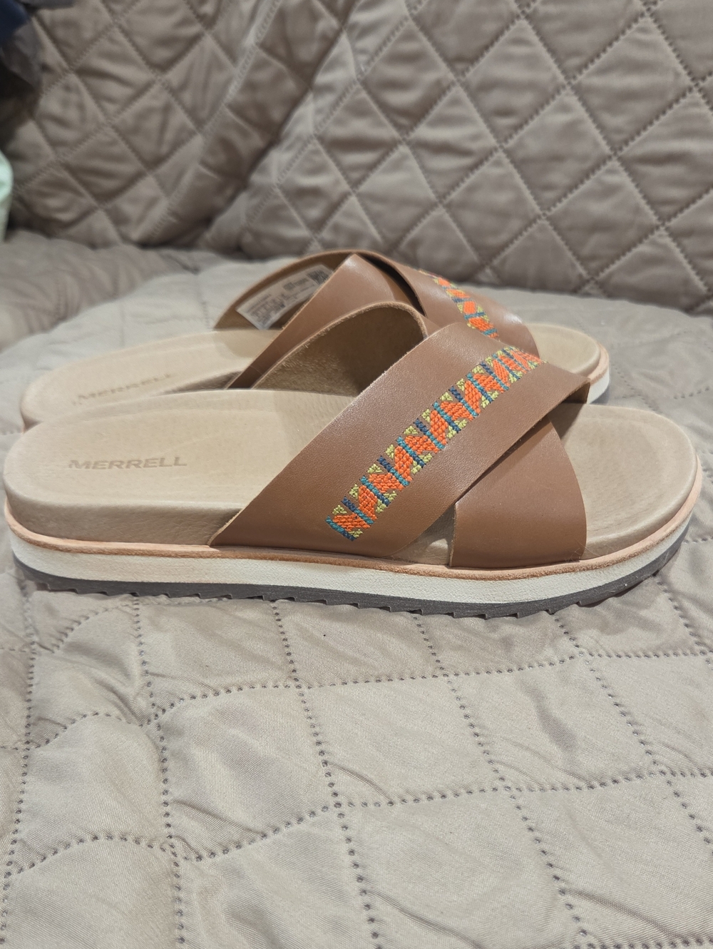 Merrell Women's Brown Slide Sandals with Orange and Green Embroidery - Picture 2 of 9